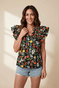 Women's Floral V-Neck Flutter Sleeve Blouse in Black