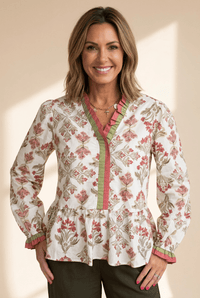 Women's Floral V-Neck Peplum Blouse with Frilled Color-Block Trim