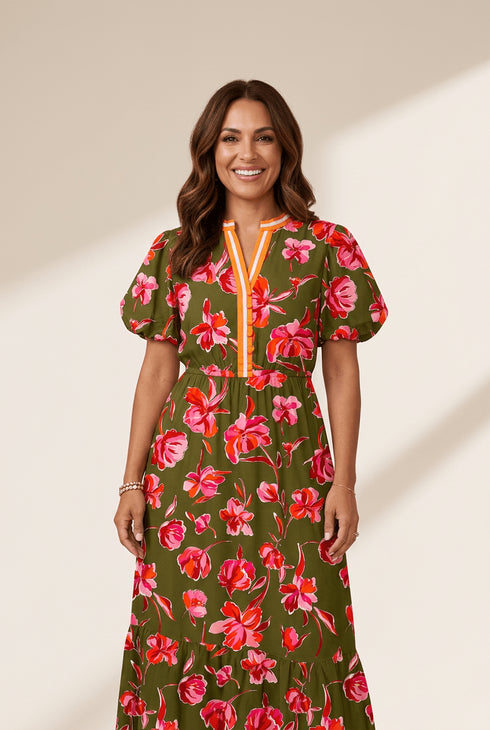Women's Floral Viscose Maxi Dress with Striped Trim and Puff Sleeves