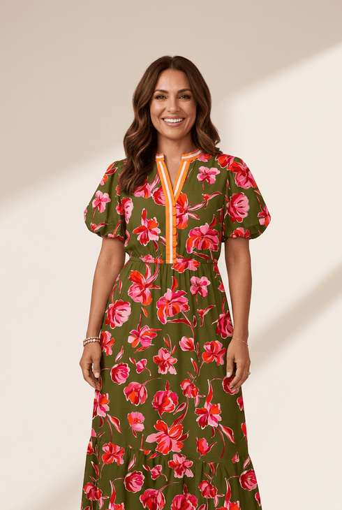 womens-flattering-green-floral-maxi-dress-with-striped-trim-short-puff-sleeves-and-ruffled-hem-for-effortless-style