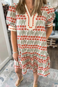 Women's Floral White Cotton Puff Sleeve Mini Dress for Women – Cute Summer Tulip Design with Comfortable Fit and Chic Style