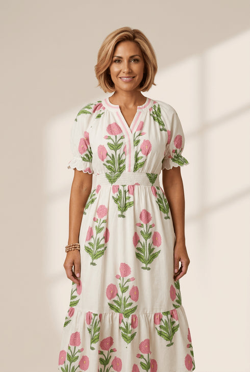 Women's Floral White Midi Dress with Striped V-Neck and Smocked Waist