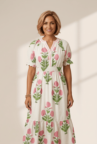 Women's Floral White Midi Dress with Striped V-Neck and Smocked Waist