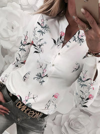Flower V-Neck Button Long Sleeve Blouse