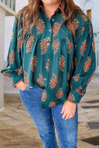 Women's Forest Green Floral Pleated Cotton Blouse with Lace