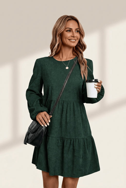 Women's Forest Mist Green Lantern Sleeve Tiered Mini Dress
