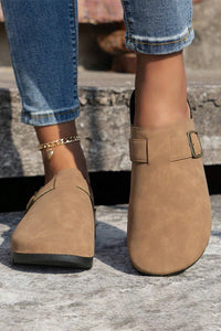 Women's French Beige Faux Suede Buckle Clogs in Slippers