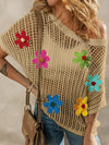 French Beige Floral Crochet Hollow-out Sweater Top