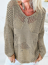 French Beige Star Pointelle Knit Oversized Sweater