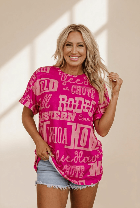 Women's Fuchsia Western Graphic Relaxed Fit Tee
