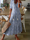 Geometric Print Sky Blue V Neck Maxi Dress for Casual Chic