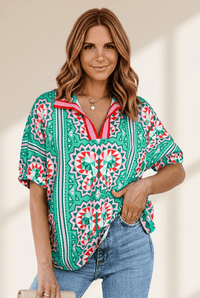 Women's Geometric Print Split Neck Blouse in Sea Green