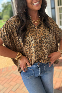 Women's Gold Metallic Leopard Print Button-Down Blouse