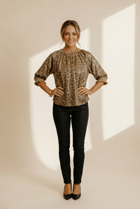 Women's Gold Metallic Leopard Print Shift Blouse with Ruffled Sleeves