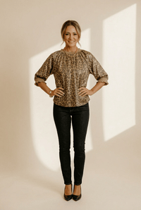 Women's Gold Metallic Leopard Print Shift Blouse with Ruffled Sleeves
