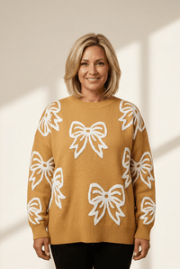 Women's Golden Bow Pattern Knit Sweater with Drop Shoulder