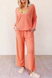 
Women's Grapefruit Orange Crochet Floral V-Neck Pant Set