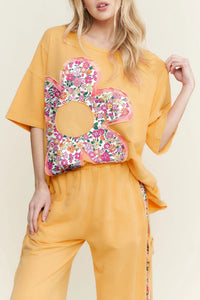 Women's Floral Patch Oversized Grapefruit Tee with Raw Seam Detail