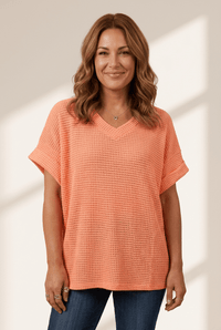 Women's Grapefruit Waffle Knit V-Neck Top with Cuffed Sleeves