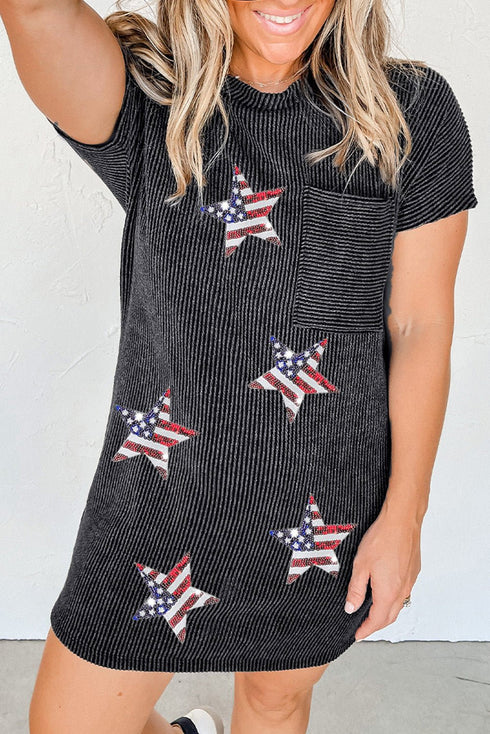 Women's Gray Ribbed Shift Dress with Patriotic Sequin Stars