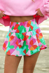 Green Abstract Print Smocked Waist Loose Fit Shorts