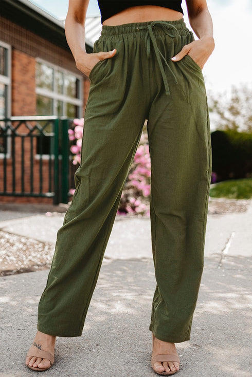 Slim Fit Cotton Women's Pants with Drawstring Waist and Slant Pockets