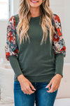 Green Floral Contrast Sleeve Striped Crew Neck Top