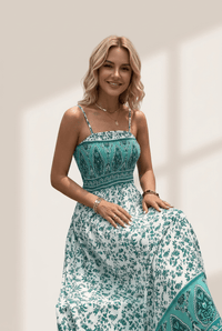 Women's Green Floral Paisley Shirred Cami Maxi Dress