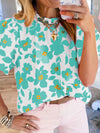 Green Floral Puff Sleeve Blouse with Frilled Neckline