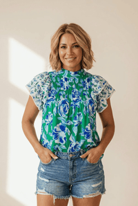 
Women's Green Floral Ruffle Sleeve Mock Neck Blouse