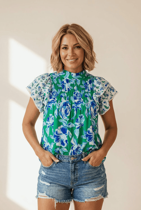 Women's Green Floral Ruffle Sleeve Mock Neck Blouse