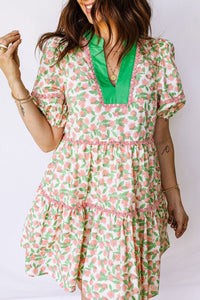 Women's Green Floral Tiered Babydoll Dress with Ricrac Trim