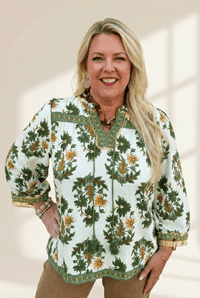 Women's Green Floral Viscose Blouse with Tassel Tie and Contrast Trim with practical styling and dependable silhouette control.