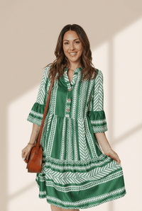 Women's Green Geometric Ethnic Print Midi Dress with 3/4 Flounce Sleeves