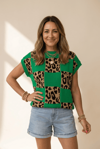 Women's Green Leopard Checkerboard Short Sleeve Knit Sweater
