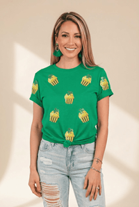 Women's Green Sequin Cupcake Graphic Tee with Clover Detail