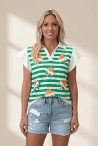 
Green Stripe Flutter Sleeve Top with Sequin Clovers with practical styling and dependable silhouette control.