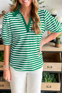 Women's Green Striped Puff Sleeve V-Neck Polo Blouse