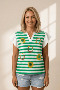 
women's green striped sequin clover and horseshoe flutter sleeve tee made for easy styling and wardrobe coordination, with premium-like structure and