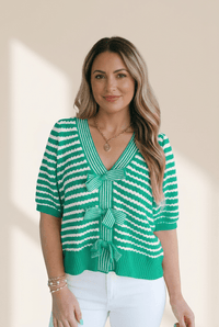
Women's Green Striped Short Sleeve V-Neck Sweater with Bow Accents