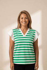 Women's Green Striped V-Neck Ruffle Sleeve Blouse in Cotton Blend