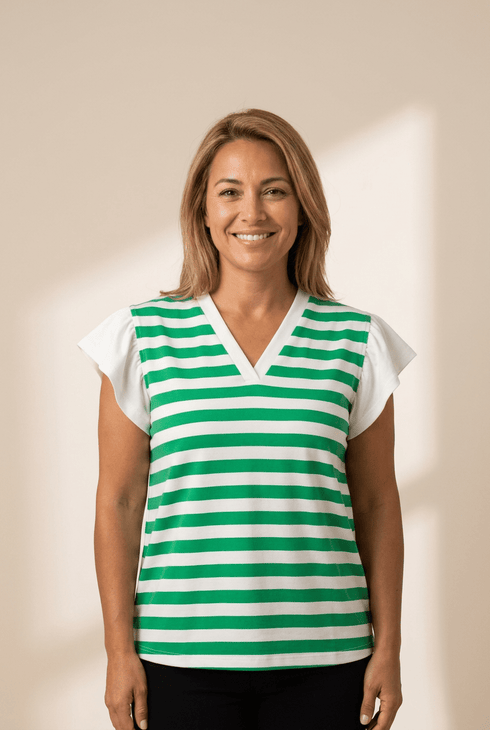 Women's Green Striped V-Neck Ruffle Sleeve Blouse in Cotton Blend