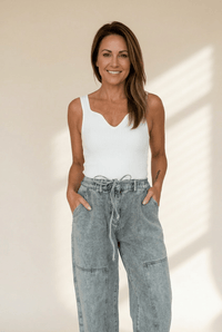 Women's Grey Acid Wash Barrel Leg Denim with Adjustable Tie Waist