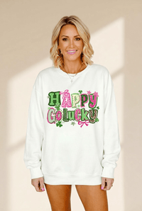 
Happy Go Lucky White Graphic Sweatshirt in Cotton Blend with practical styling and dependable silhouette control.