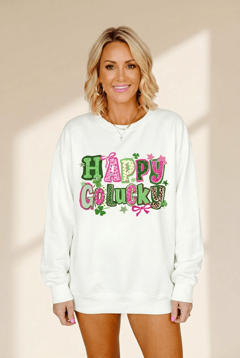 Happy Go Lucky White Graphic Sweatshirt in Cotton Blend with practical styling and dependable silhouette control.