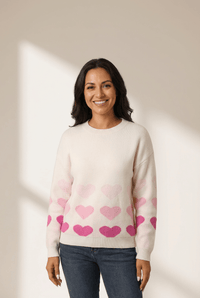 Women's Heart Motif Apricot Drop Shoulder Crew Neck Sweater