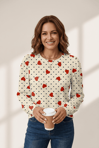Women's Heart Print Crew Neck Blouse in Beige and Red