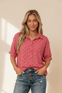 Women's Heart Print Half Sleeve Relaxed Button-Down Blouse