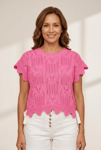 Women's Hibiscus Pink Pointelle Scalloped Short Sleeve Sweater