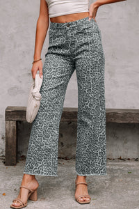 Gray Leopard Frayed Edge Wide Leg High Waist Jeans